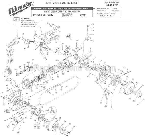 Page A Diagram and Parts List for 6230 SER 678E Milwaukee Band Saw