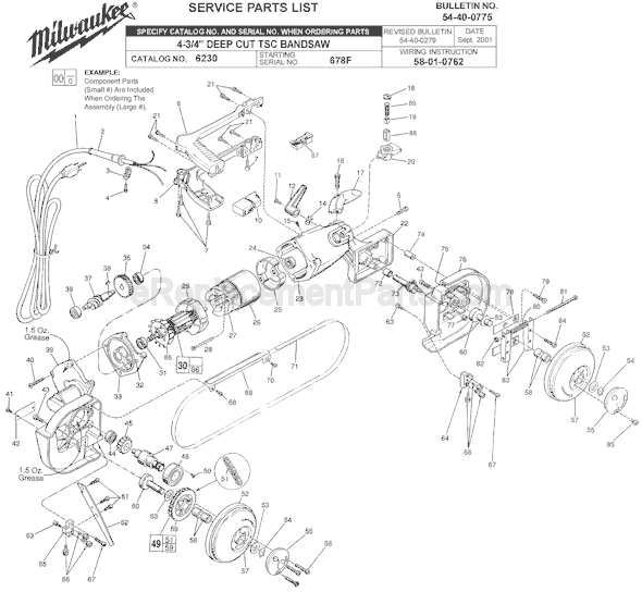 Page A Diagram and Parts List for 6230 SER 678F Milwaukee Band Saw