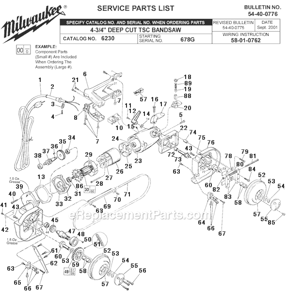 Page A Diagram and Parts List for 6230 SER 678G Milwaukee Band Saw