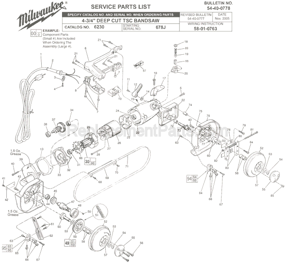 Page A Diagram and Parts List for 6230 SER 678J Milwaukee Band Saw