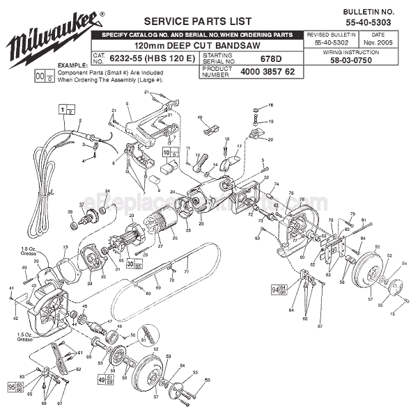 Page A Diagram and Parts List for 6232-55 SER 678D Milwaukee Band Saw