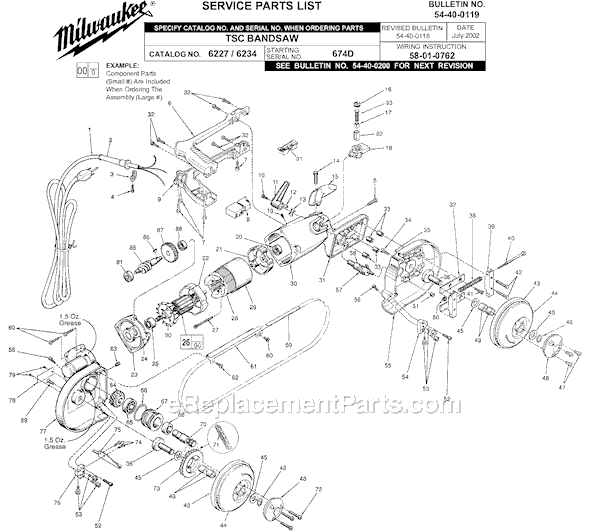 Page A Diagram and Parts List for 6234 SER 674D Milwaukee Band Saw