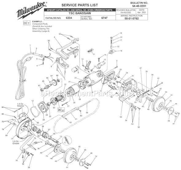 Page A Diagram and Parts List for 6234 SER 674F Milwaukee Band Saw