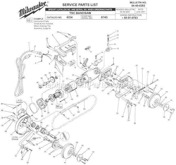 Page A Diagram and Parts List for 6234 SER 674G Milwaukee Band Saw