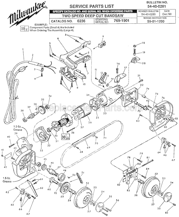 Page A Diagram and Parts List for 6236 SER 769-1901 Milwaukee Band Saw