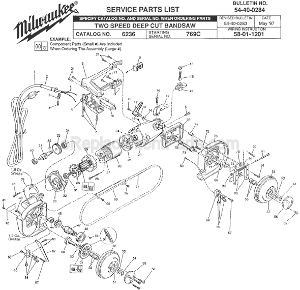 Page A Diagram and Parts List for 6236 SER 769C Milwaukee Band Saw
