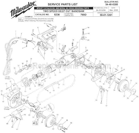Page A Diagram and Parts List for 6236 SER 769D Milwaukee Band Saw
