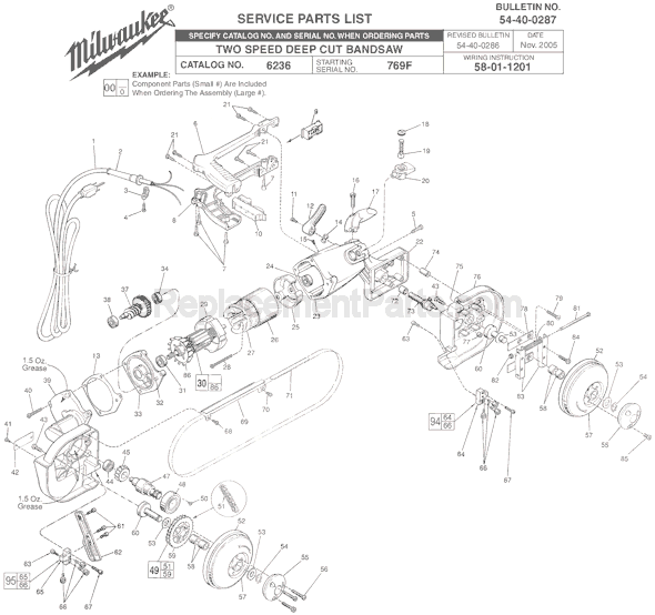 Page A Diagram and Parts List for 6236 SER 769F Milwaukee Band Saw