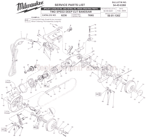 Page A Diagram and Parts List for 6236 SER 769G Milwaukee Band Saw