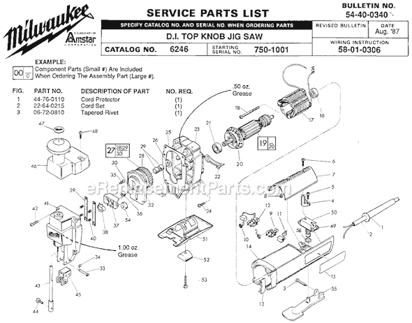 Page A Diagram and Parts List for 6246 SER 750-1001 Milwaukee Jig Saw