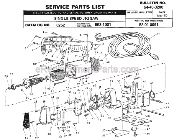 Page A Diagram and Parts List for 6252 SER 553-1001 Milwaukee Jig Saw