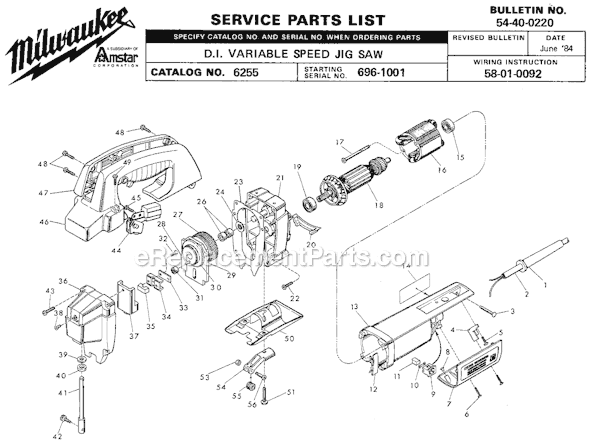 Page A Diagram and Parts List for 6255 SER 696-1001 Milwaukee Jig Saw