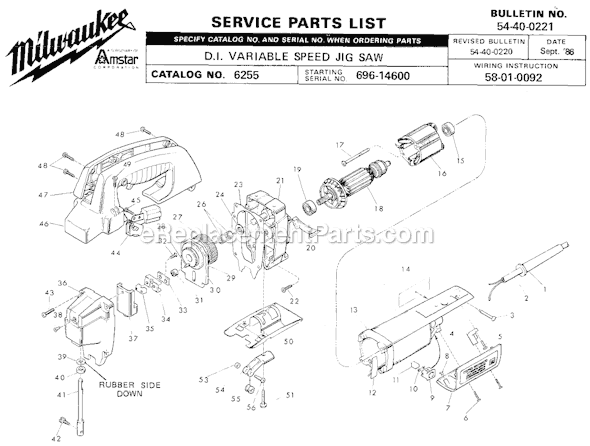 Page A Diagram and Parts List for 6255 SER 696-14600 Milwaukee Jig Saw