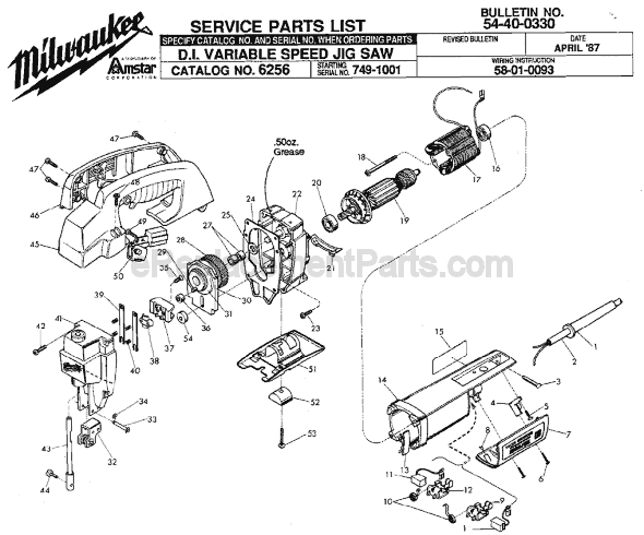 Page A Diagram and Parts List for 6256 SER 749-1001 Milwaukee Jig Saw