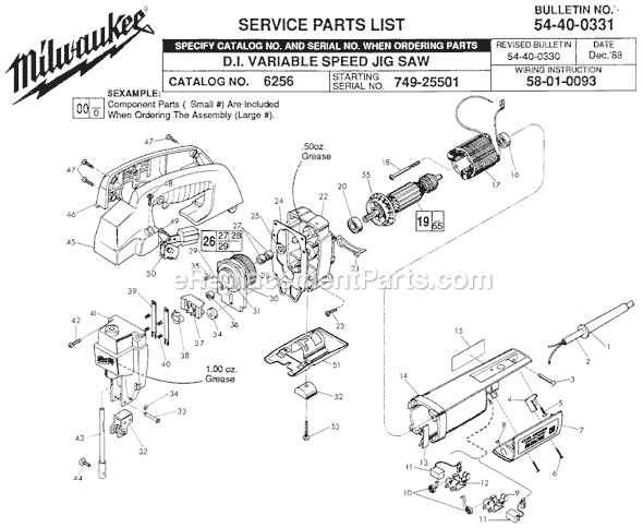 Page A Diagram and Parts List for 6256 SER 749-25501 Milwaukee Jig Saw
