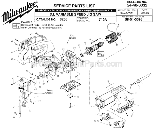 Page A Diagram and Parts List for 6256 SER 749A Milwaukee Jig Saw