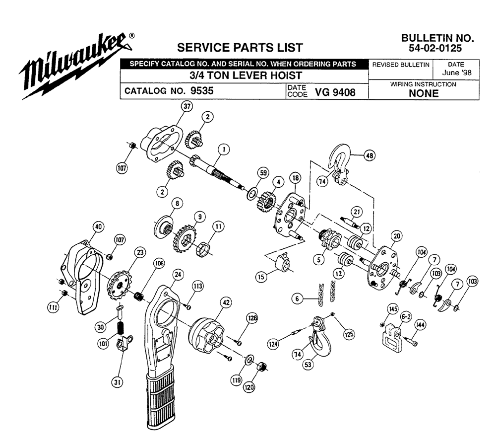 Fig-0 Diagram and Parts List for 9535 VG 9408 Milwaukee Hoist & Winch