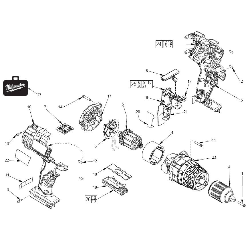 Fig-0 Diagram and Parts List for 0726-20  Milwaukee Cordless Drill