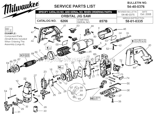 Page A Diagram and Parts List for 6266 SER 857B Milwaukee Jig Saw