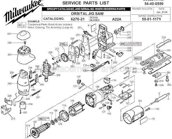 Page A Diagram and Parts List for 6276-21 SER A22A Milwaukee Jig Saw