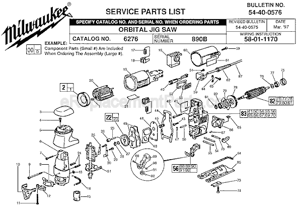 Page A Diagram and Parts List for 6276 SER 890B Milwaukee Jig Saw