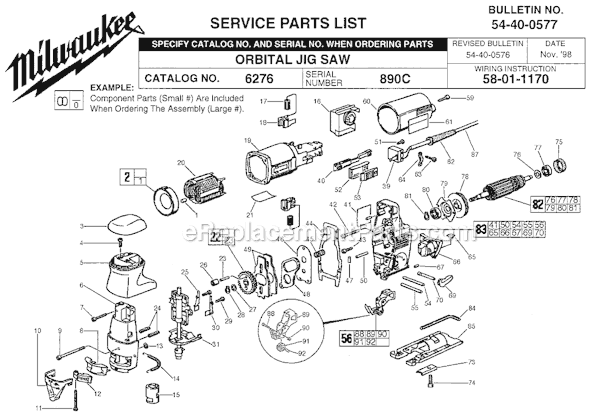Page A Diagram and Parts List for 6276 SER 890C Milwaukee Jig Saw