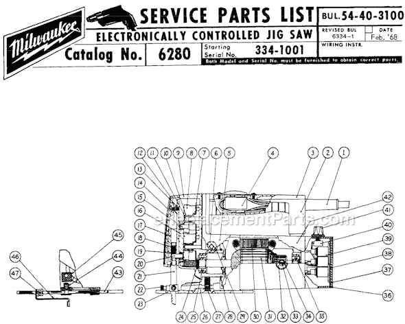 Page A Diagram and Parts List for 6280 SER 334-1001 Milwaukee Jig Saw