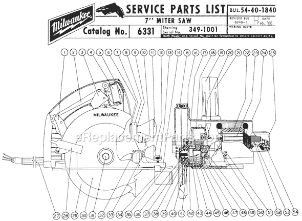 Page A Diagram and Parts List for 6331 SER 349-1001 Milwaukee Miter Saw