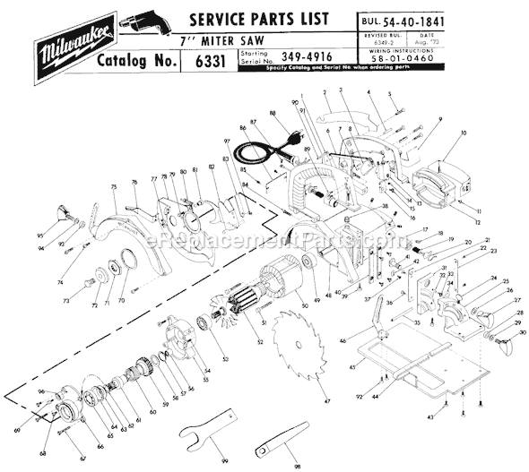Page A Diagram and Parts List for 6331 SER 349-4916 Milwaukee Miter Saw