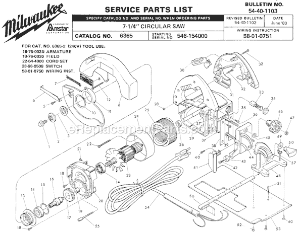Page A Diagram and Parts List for 6365 SER 546-154000 Milwaukee Circular Saw