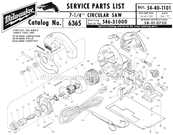 Page A Diagram and Parts List for 6365 SER 546-31000 Milwaukee Circular Saw