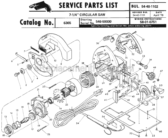 Page A Diagram and Parts List for 6365 SER 546-59000 Milwaukee Circular Saw