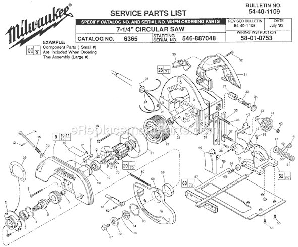 Page A Diagram and Parts List for 6365 SER 546-887048 Milwaukee Circular Saw