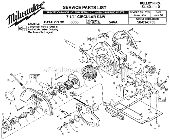 Page A Diagram and Parts List for 6365 SER 546A Milwaukee Circular Saw