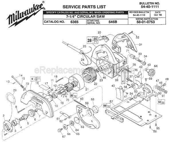 Page A Diagram and Parts List for 6365 SER 546B Milwaukee Circular Saw