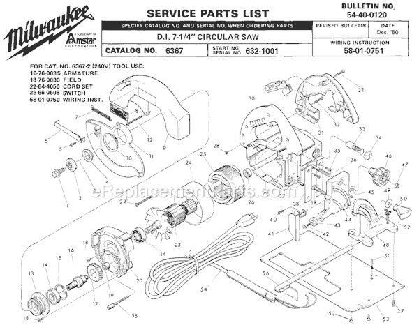 Page A Diagram and Parts List for 6367 SER 632-1001 Milwaukee Circular Saw
