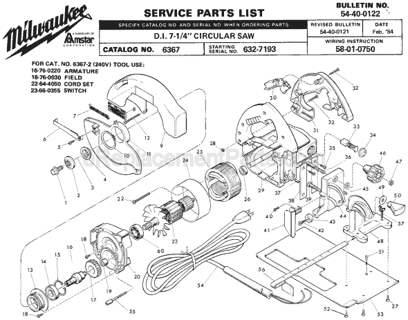 Page A Diagram and Parts List for 6367 SER 632-7193 Milwaukee Circular Saw