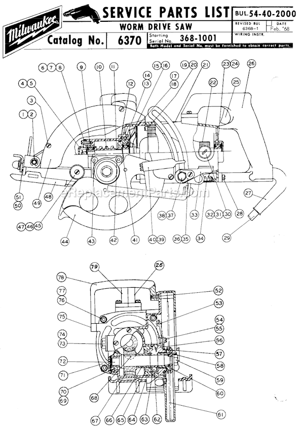 Page A Diagram and Parts List for 6370 SER 368-1001 Milwaukee Circular Saw