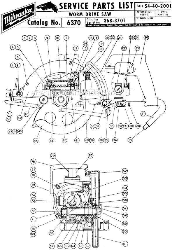 Page A Diagram and Parts List for 6370 SER 368-3701 Milwaukee Circular Saw