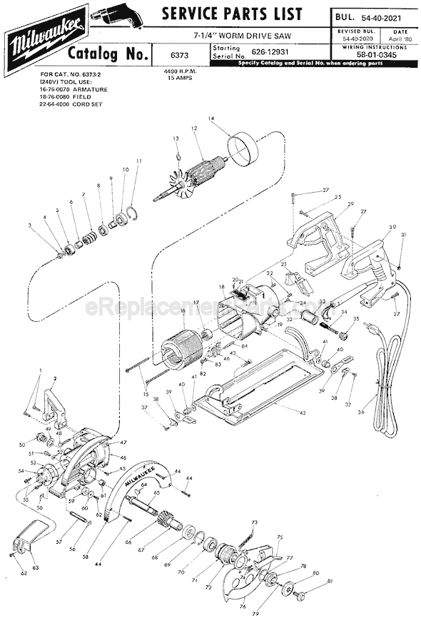 Page A Diagram and Parts List for 6373 SER 626-12931 Milwaukee Circular Saw