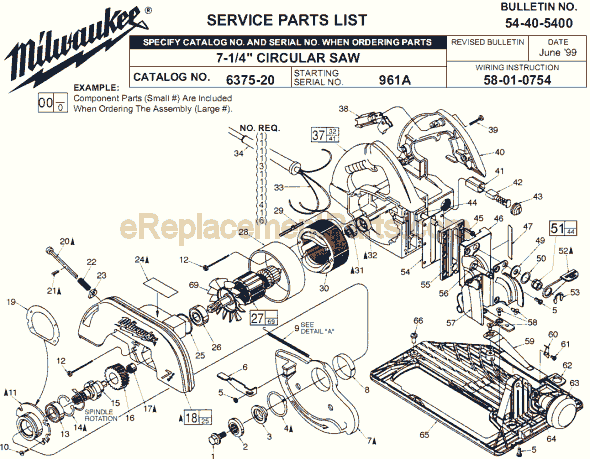 Page A Diagram and Parts List for 6375-20 SER 961A Milwaukee Circular Saw