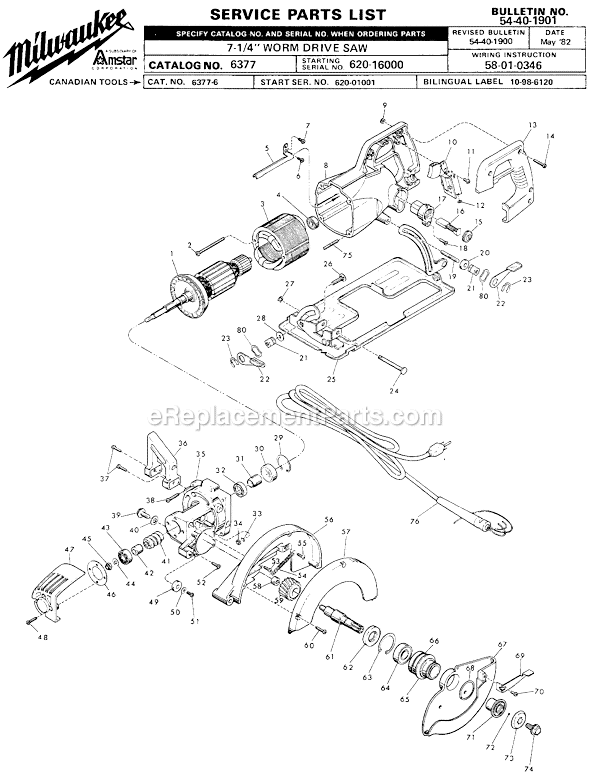 Page A Diagram and Parts List for 6377 SER 620-16000 Milwaukee Circular Saw