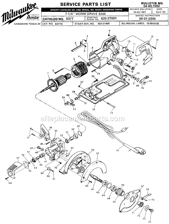 Page A Diagram and Parts List for 6377 SER 620-27001 Milwaukee Circular Saw