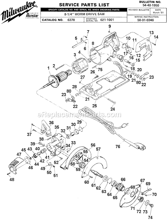 Page A Diagram and Parts List for 6378 SER 621-1001 Milwaukee Circular Saw