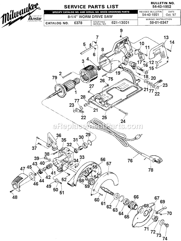 Page A Diagram and Parts List for 6378 SER 621-13001 Milwaukee Circular Saw