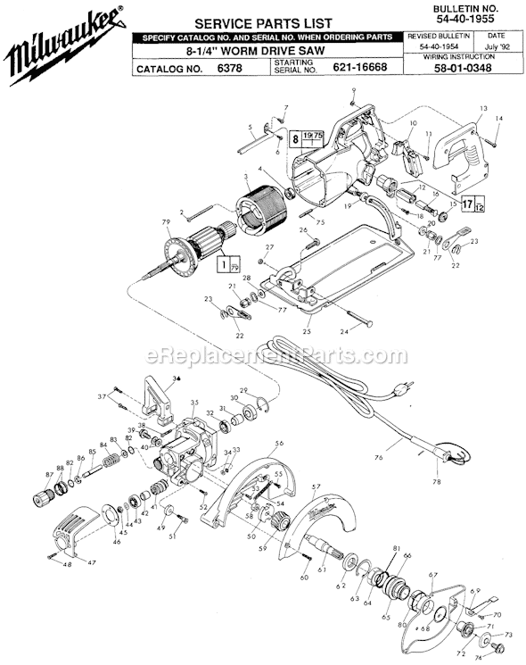 Page A Diagram and Parts List for 6378 SER 621-16668 Milwaukee Circular Saw