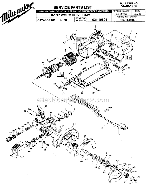 Page A Diagram and Parts List for 6378 SER 621-19804 Milwaukee Circular Saw