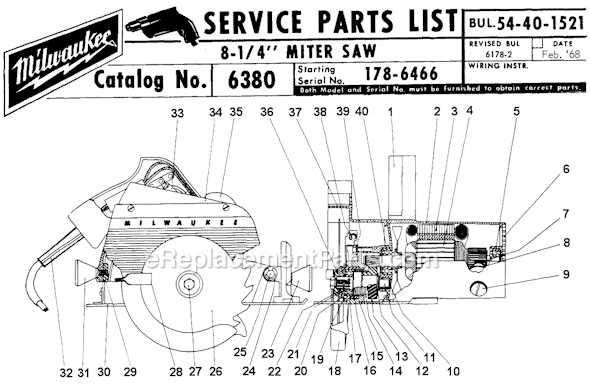 Page A Diagram and Parts List for 6380 SER 178-6466 Milwaukee Miter Saw