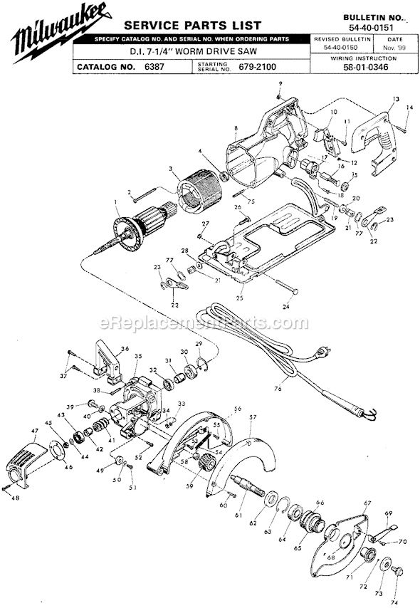 Page A Diagram and Parts List for 6387 SER 679-2100 Milwaukee Circular Saw