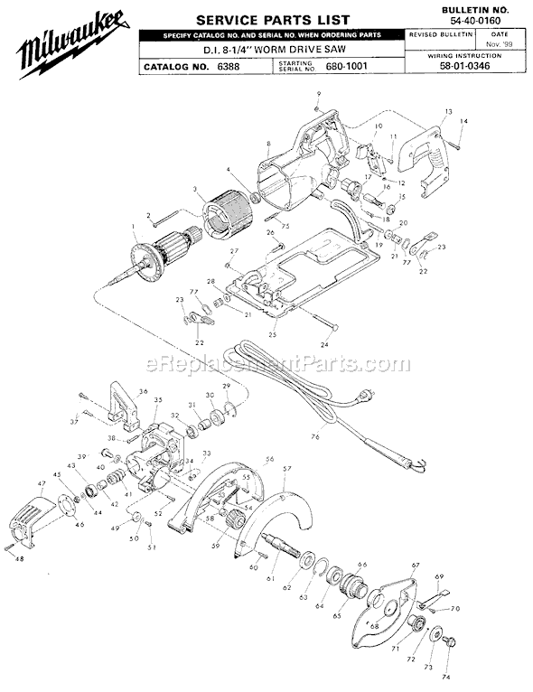 Page A Diagram and Parts List for 6388 SER 680-1001 Milwaukee Circular Saw